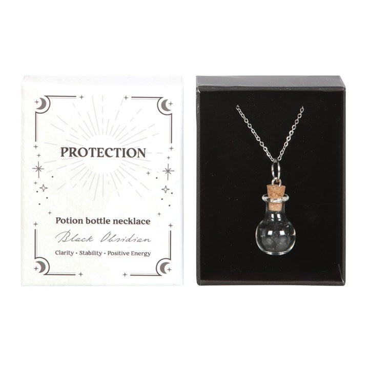 Spiritual Gemstone Protection Black Obsidian Crystal Chip Potion Bottle Necklace