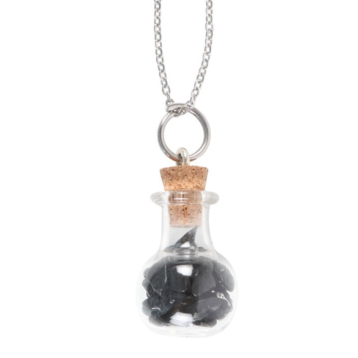 Spiritual Gemstone Protection Black Obsidian Crystal Chip Potion Bottle Necklace