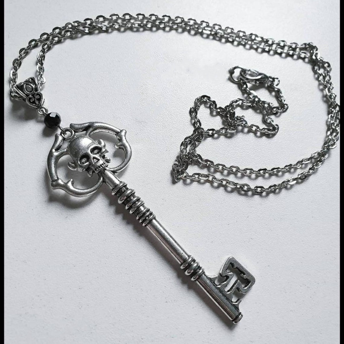 Gothic Antique Silver Skull Key Necklace