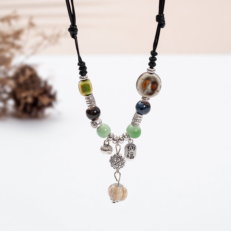 Spiritual Senses UK Handmade Bohemian Ceramic Bead Necklace – Adjustable Ethnic Pendant