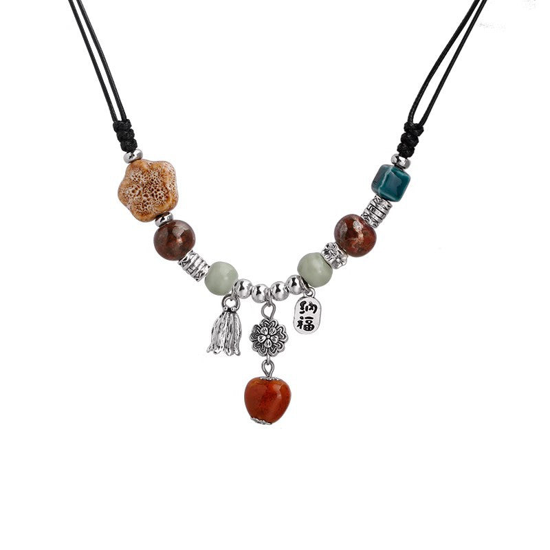 Spiritual Senses UK Handmade Bohemian Ceramic Bead Necklace – Adjustable Ethnic Pendant
