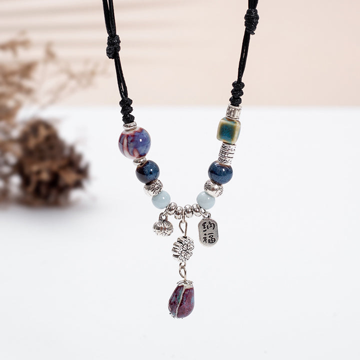 Spiritual Senses UK Handmade Bohemian Ceramic Bead Necklace – Adjustable Ethnic Pendant