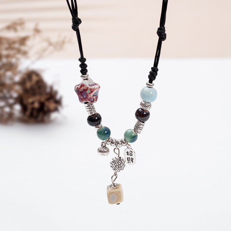 Spiritual Senses UK Handmade Bohemian Ceramic Bead Necklace – Adjustable Ethnic Pendant