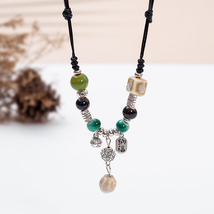 Spiritual Senses UK Handmade Bohemian Ceramic Bead Necklace – Adjustable Ethnic Pendant