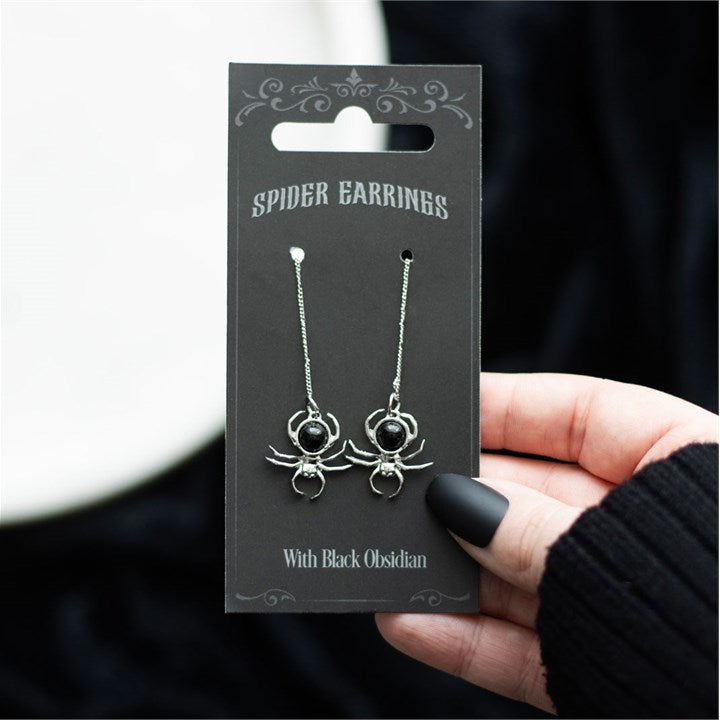 Spiritual Black Obsidian Spider Threader Earrings